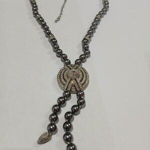 Suzanne Somers Cubic Zirconia Gray Bead Necklace adjustable 30" Lariat fine New